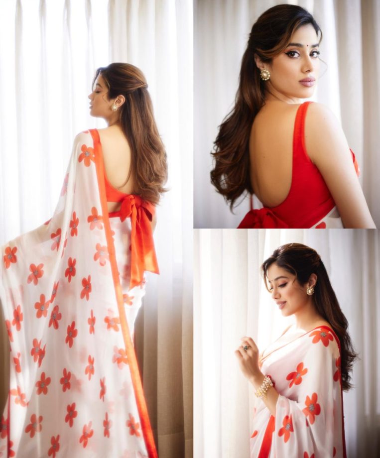 Janhvi Kapoor Takes Us Back In Time With Vintage Glamour In A White And Orange Floral Saree 886188