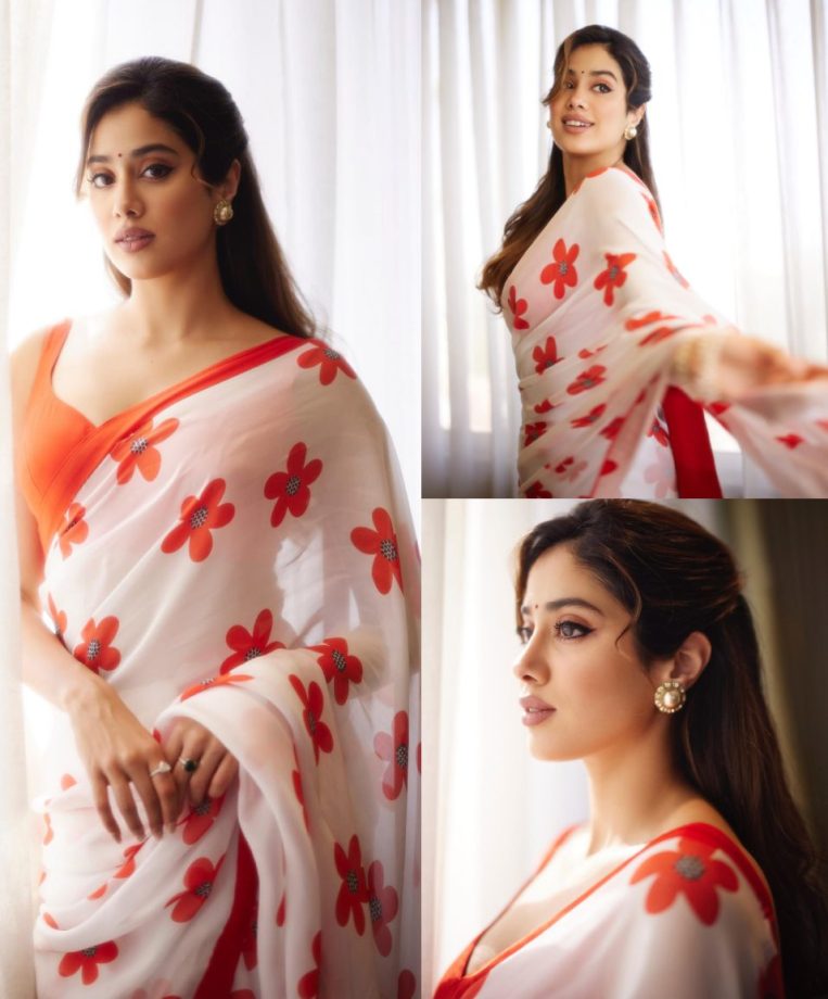 Janhvi Kapoor Takes Us Back In Time With Vintage Glamour In A White And Orange Floral Saree 886186