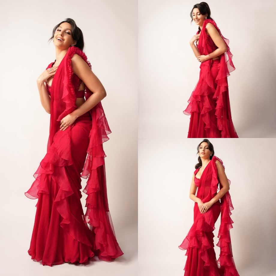 Nora Fatehi Stuns In Red Saree With Ruffles And Grace 885311
