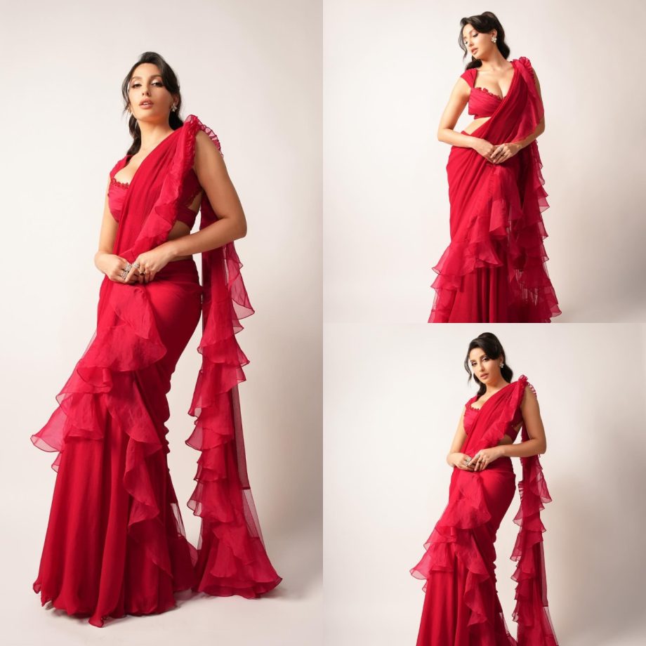Nora Fatehi Stuns In Red Saree With Ruffles And Grace 885313