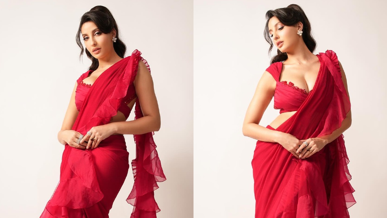 Nora Fatehi Stuns In Red Saree With Ruffles And Grace 885310