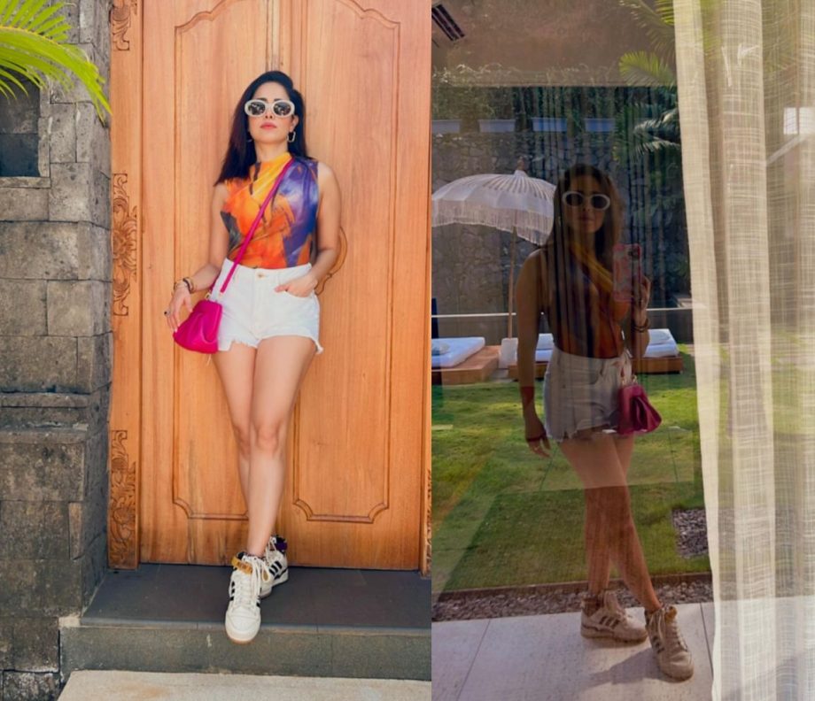 Nushrratt Bharuccha Keeps It Casual In A Multi-colored Abstract Top And White Shorts 885261