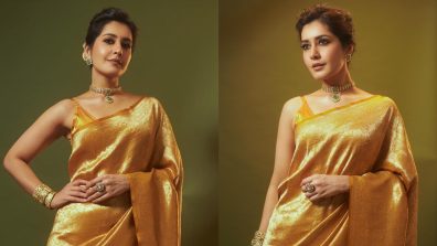 Raashii Khanna Exudes Grace And Glamour In A Mustard Yellow Banarasi Saree, See Photos!