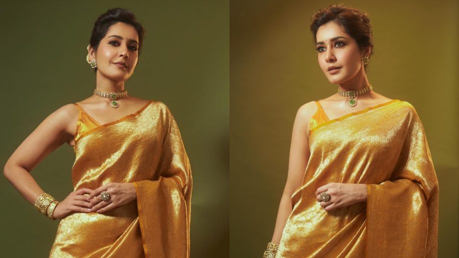 Raashii Khanna Exudes Grace And Glamour In A Mustard Yellow Banarasi Saree, See Photos! 888943