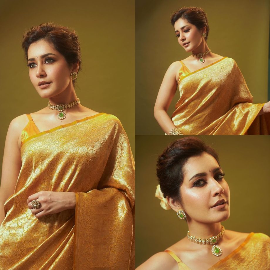 Raashii Khanna Exudes Grace And Glamour In A Mustard Yellow Banarasi Saree, See Photos! 888941