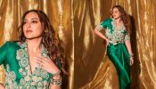 Radiant Royalty: Sonakshi Sinha Set Ethnic Fashion Standard In A Green And Gold Coat And Skirt 887265