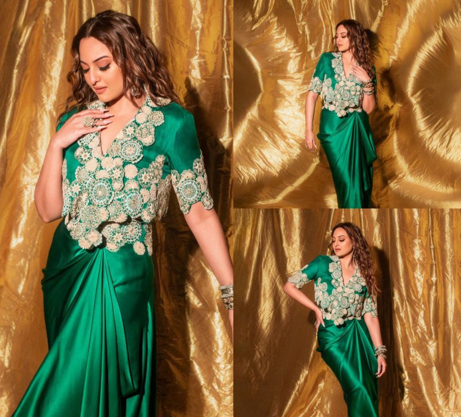 Radiant Royalty: Sonakshi Sinha Set Ethnic Fashion Standard In A Green And Gold Coat And Skirt 887266