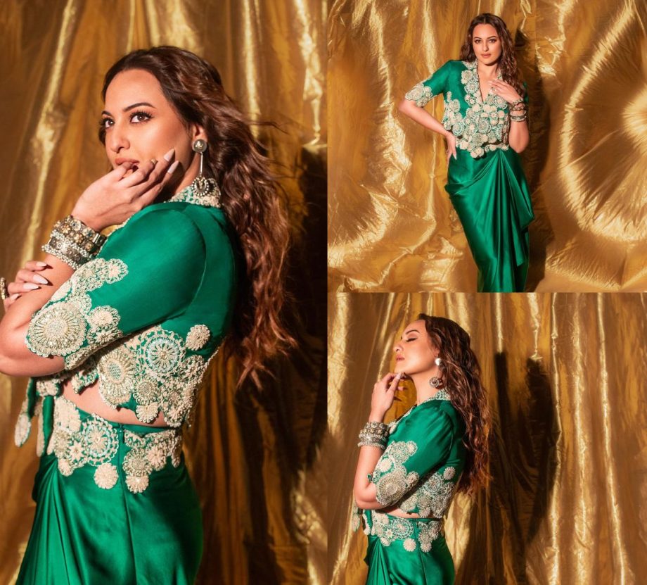 Radiant Royalty: Sonakshi Sinha Set Ethnic Fashion Standard In A Green And Gold Coat And Skirt 887267