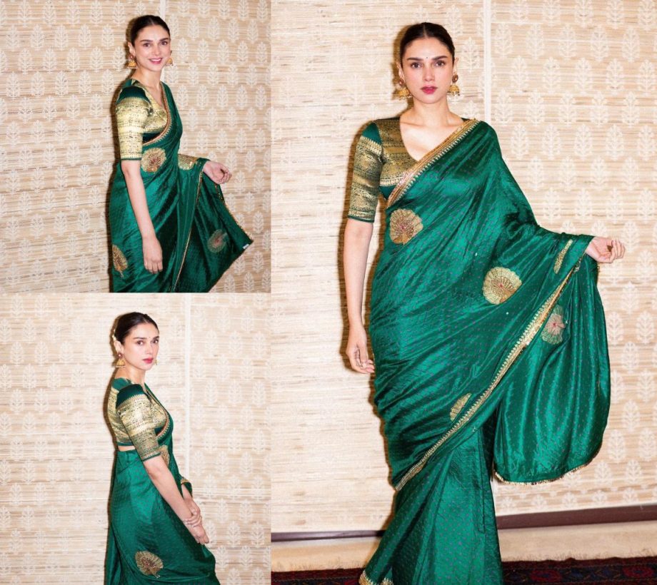 Aditi Rao Hydari looks Elegant in a Green Silk Bandhani Saree with Peacock Patterns and a Matching Blouse; See Pictures! 892403