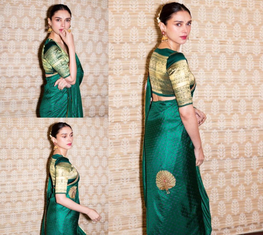 Aditi Rao Hydari looks Elegant in a Green Silk Bandhani Saree with Peacock Patterns and a Matching Blouse; See Pictures! 892404