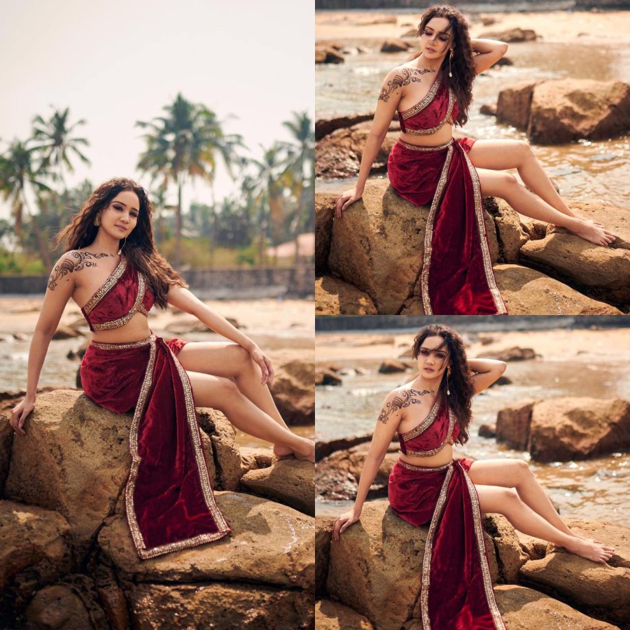 Ashi Singh Makes Waves Posing Hot On Rock Wearing Vintage One-shoulder Blouse & Mini-skirt 891965