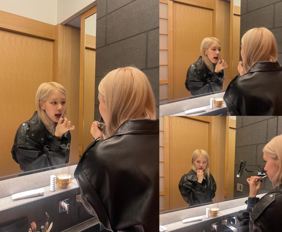 Blackpink's Rose Looks Edgy in a Black Leather Jacket and Playful with Pink Lipstick, Giving off Rockstar Vibes 892941