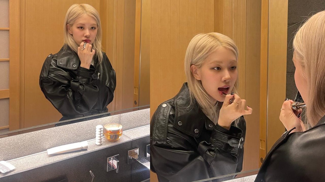Blackpink's Rose Looks Edgy in a Black Leather Jacket and Playful with Pink Lipstick, Giving off Rockstar Vibes 892940