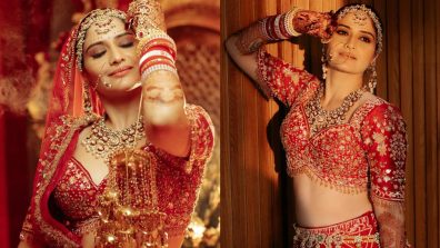 Elegant Elegance: Arti Singh’s Breathtaking Bridal Look in a Red Heavy Work Lehenga Set!