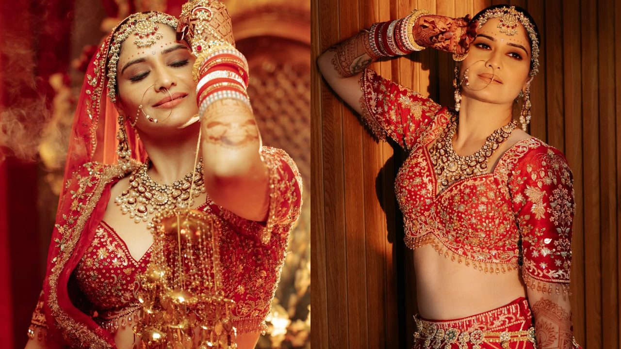 Elegant Elegance: Arti Singh's Breathtaking Bridal Look in a Red Heavy Work Lehenga Set! 892965