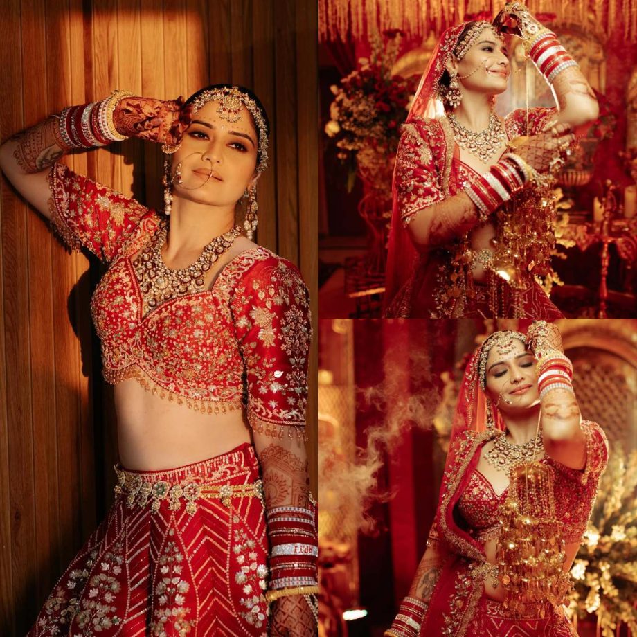 Elegant Elegance: Arti Singh's Breathtaking Bridal Look in a Red Heavy Work Lehenga Set! 892964