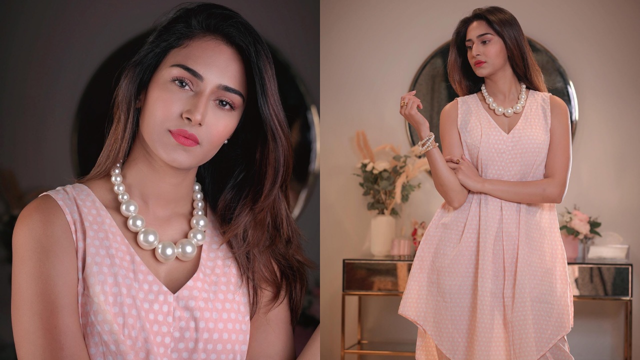 Erica Fernandes Radiates Beauty in a Pink and White Polka Dots Printed Asymmetric Dress 892683