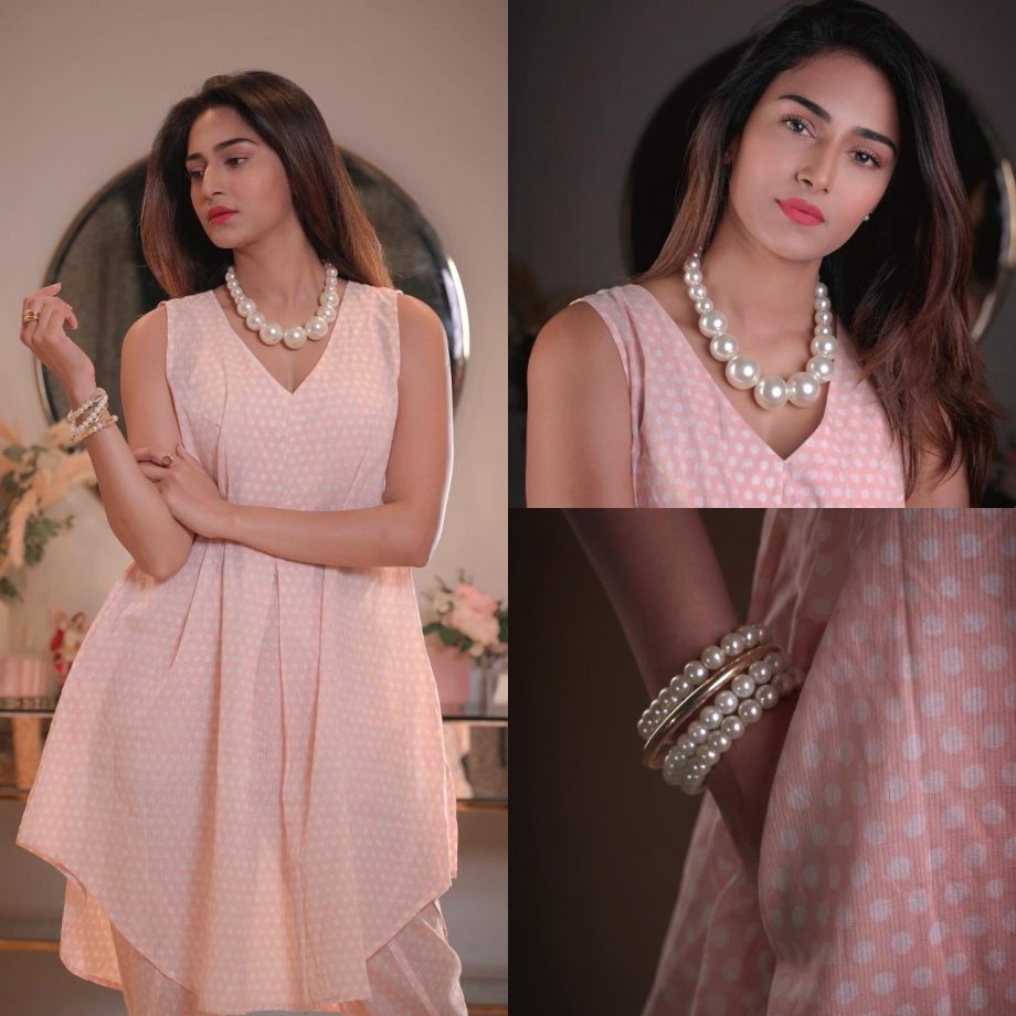 Erica Fernandes Radiates Beauty in a Pink and White Polka Dots Printed Asymmetric Dress 892682