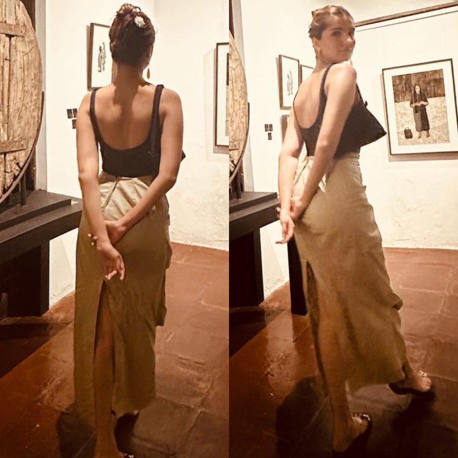 Fashion Diva: Tara Sutaria Flaunts Backless Beauty In A Black Top And Beige Slit Skirt 891350