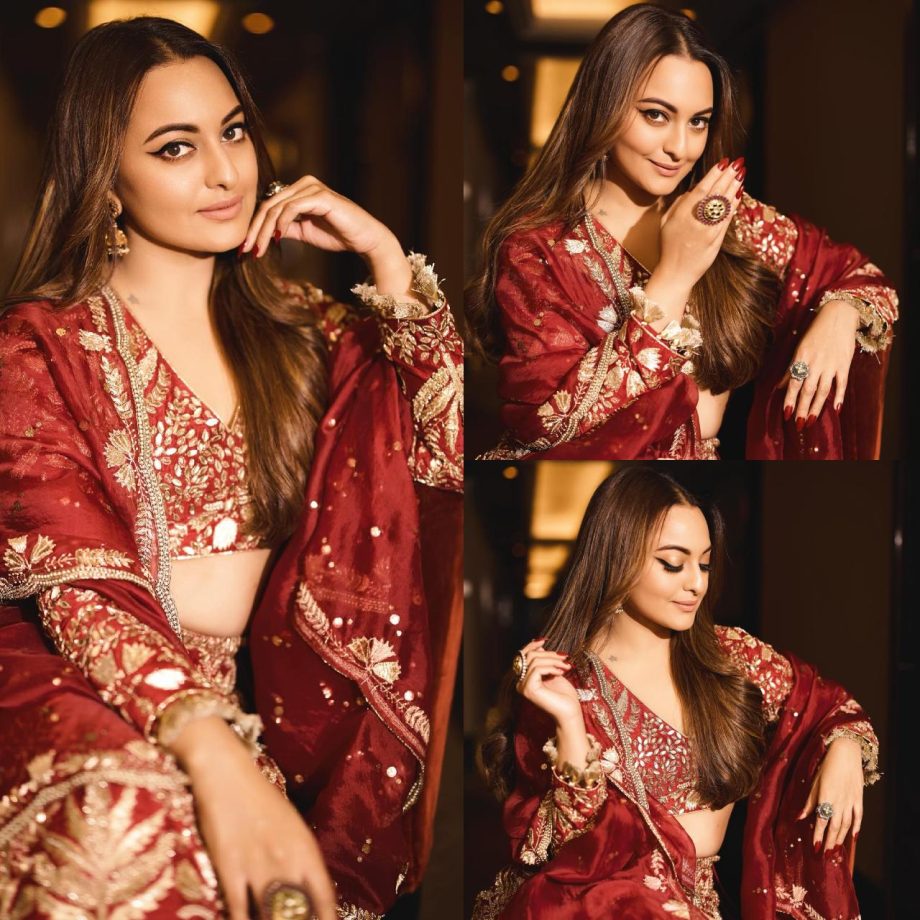 Golden Glow: Sonakshi Sinha Dazzles In Maroon And Gold Lehenga Set For Eid Celebration 891012