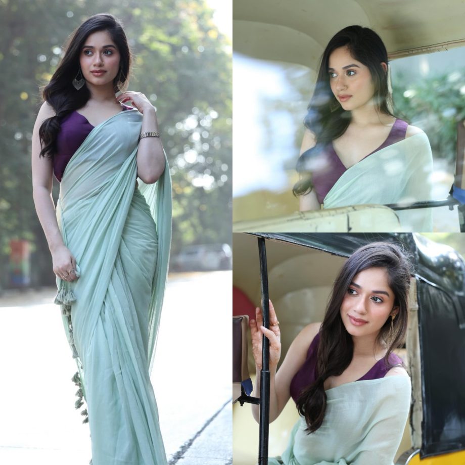Jannat Zubair Embraces Summer Style in a Pista Cotton Saree With A Purple Sleeveless Contrast Blouse 892838