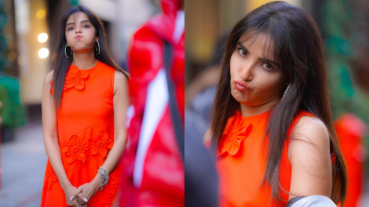 Jasmin Bhasin Radiating Charm In An Orange Dress, Her Cute Expressions Stealing The Show 890423