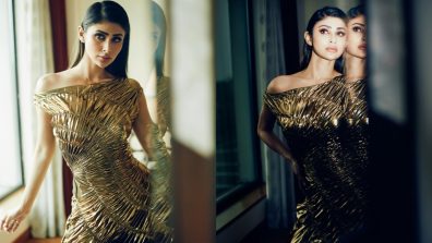 Mouni Roy Flaunts Hourglass Figure In Golden Metallic Gown, Wishes To Become ‘Entire Problem’