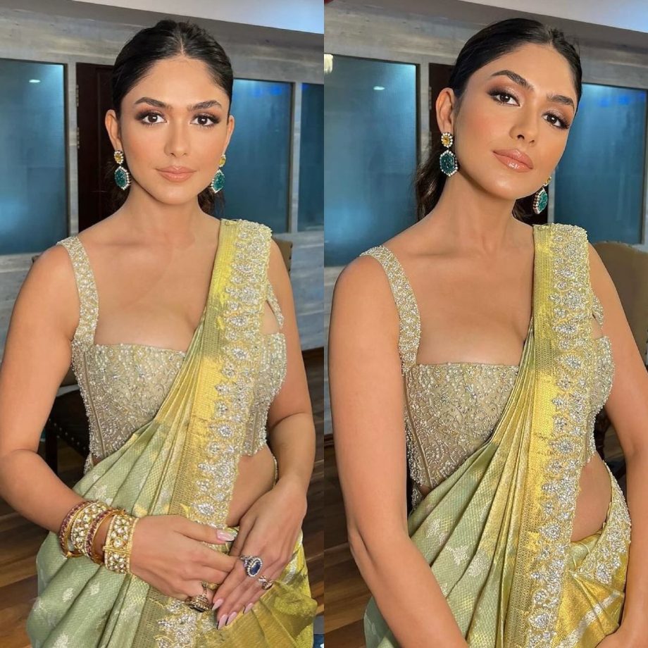 Mrunal Thakur Goes Glamorous In Golden Embroidered Silk Saree & Butterfly Neckline Blouse 893288