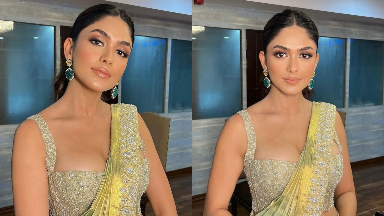 Mrunal Thakur Goes Glamorous In Golden Embroidered Silk Saree & Butterfly Neckline Blouse 893287