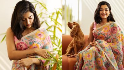 Rashmika Mandanna Flaunts Summer Look in Vibrant Floral Saree, Posing with Her Adorable Dog!