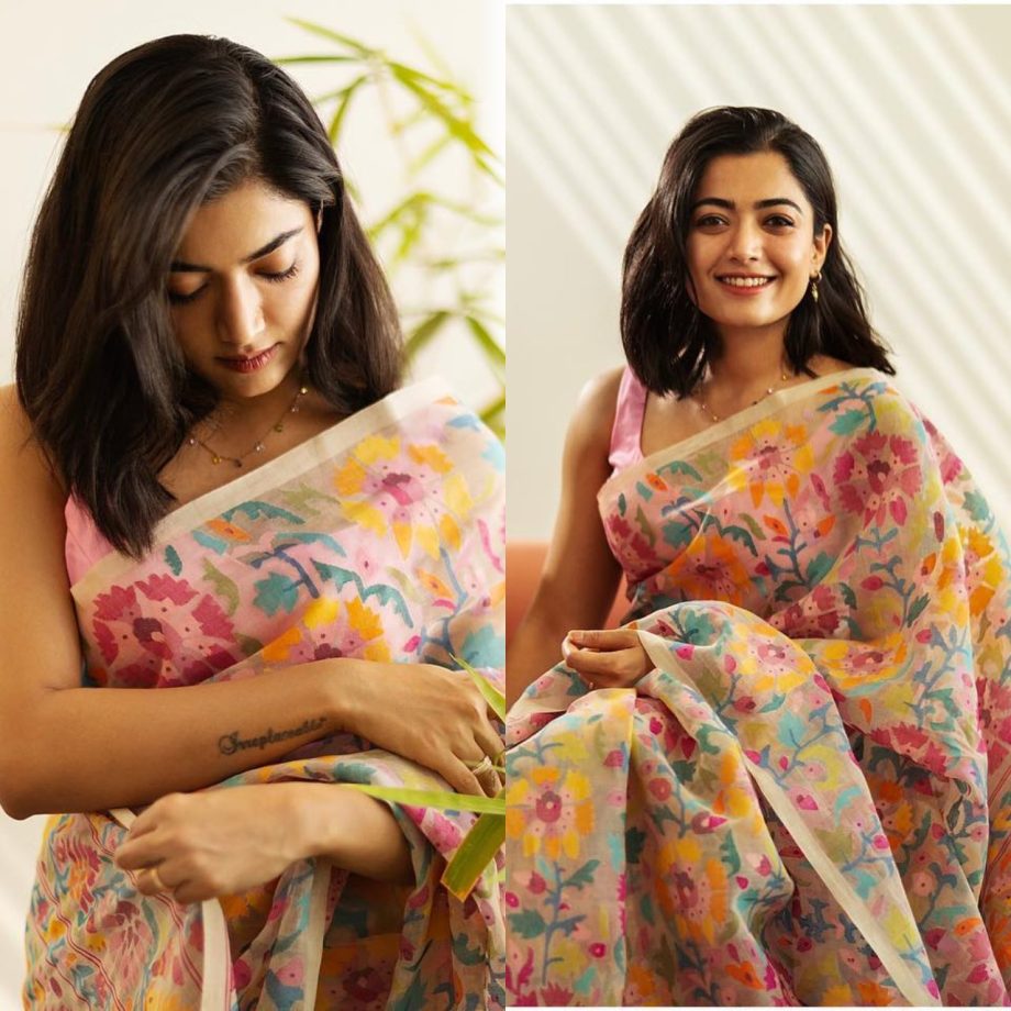 Rashmika Mandanna Flaunts Summer Look in Vibrant Floral Saree, Posing with Her Adorable Dog! 892679