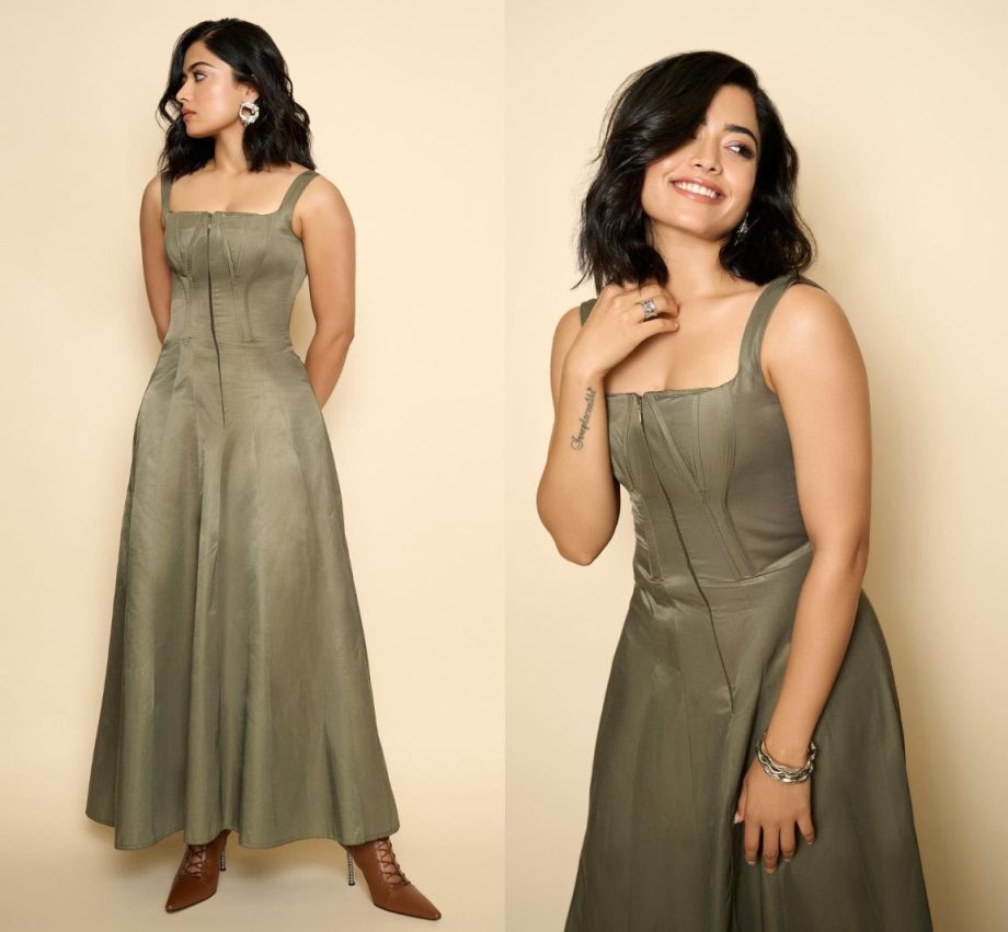 Rashmika Mandanna Setting Fashion Goals High In An Olive-Grey Corset Dress 890963