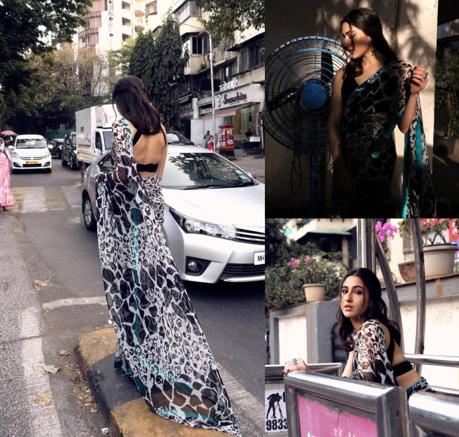 Sara Ali Khan Elevates Street Style Fashion in a Classic Black and White Printed Saree 891433