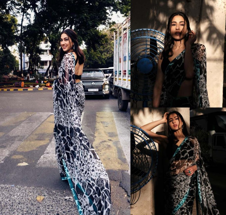 Sara Ali Khan Elevates Street Style Fashion in a Classic Black and White Printed Saree 891434