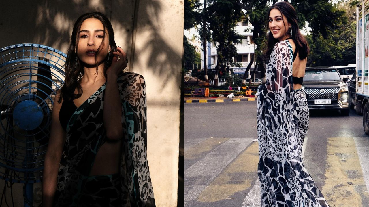 Sara Ali Khan Elevates Street Style Fashion in a Classic Black and White Printed Saree 891432