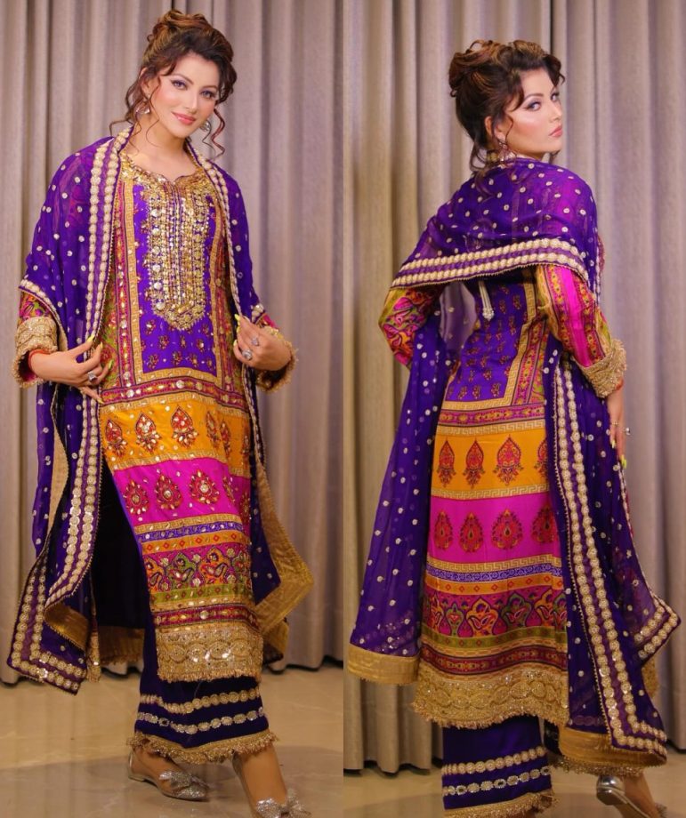 Urvashi Rautela Flaunts Her Flawless Style in a Regal Purple Heavy Work Kurta Set 892211