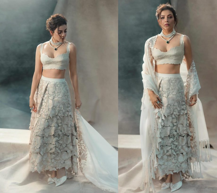 Vintage Vibes: Kajal Aggarwal looks stunning in an off-white layered lehenga set with floral embroidery, Priced at Rs. 99,500 892269
