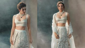 Vintage Vibes: Kajal Aggarwal looks stunning in an off-white layered lehenga set with floral embroidery, Priced at Rs. 99,500 892268