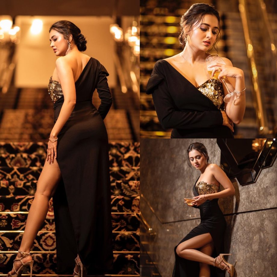7 Thigh-high Slit Black Gown From Tejasswi Prakash's Wardrobe For Cocktail Party 897704