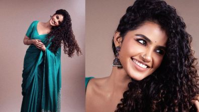 Anupama Parameswaran Looks Gorgeous in a Teal Blue Saree and a Simple Blouse