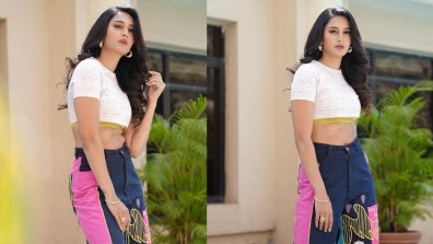 Erica Fernandes Embraces Color Burst Style in a Blush Pink Crop Top and Funky Curry Pants