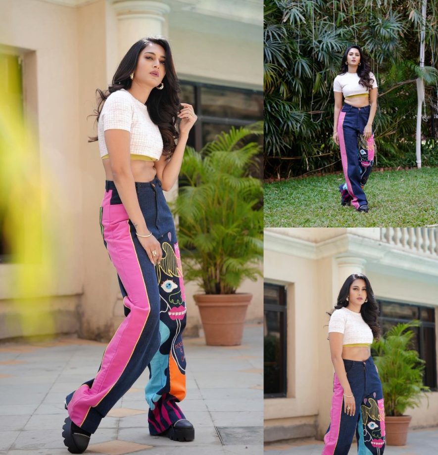 Erica Fernandes Embraces Color Burst Style in a Blush Pink Crop Top and Funky Curry Pants 893699