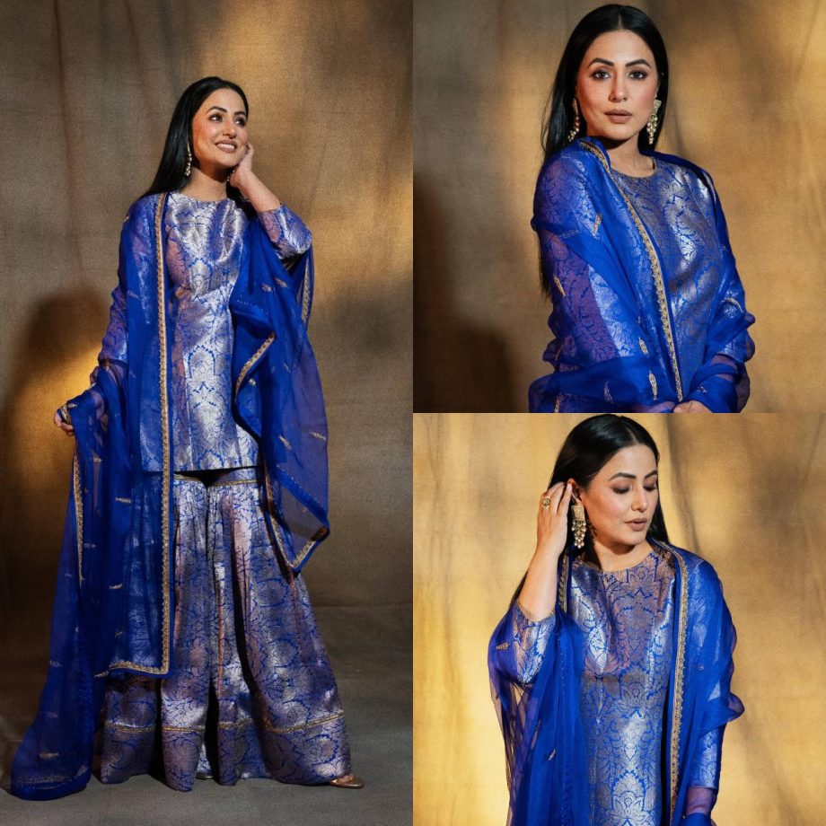 Hina Khan Personifies Grace In Royal Blue Brocade Silk Sharara With Organza Dupatta 895828