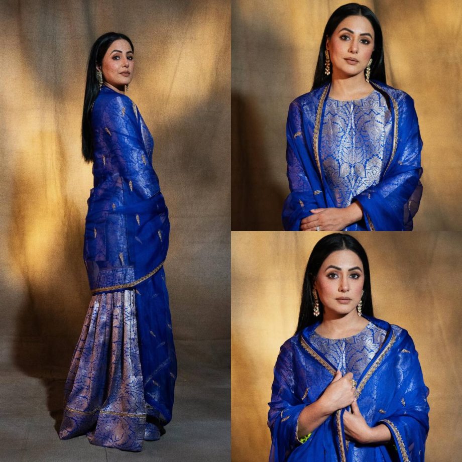 Hina Khan Personifies Grace In Royal Blue Brocade Silk Sharara With Organza Dupatta 895829