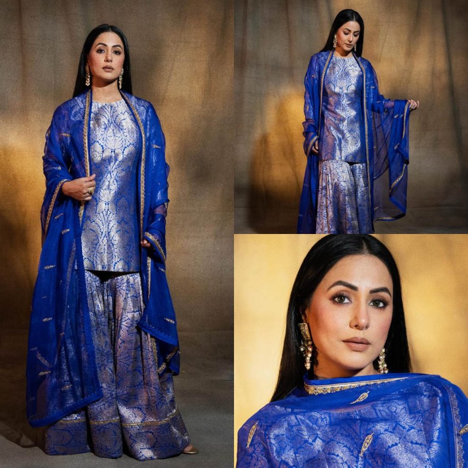 Hina Khan Personifies Grace In Royal Blue Brocade Silk Sharara With Organza Dupatta 895827