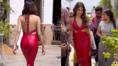 Janhvi Kapoor Looks Stunning in a Maroon Leather Bodycon Dress During the Promotions of Mr. and Mrs. Mahi