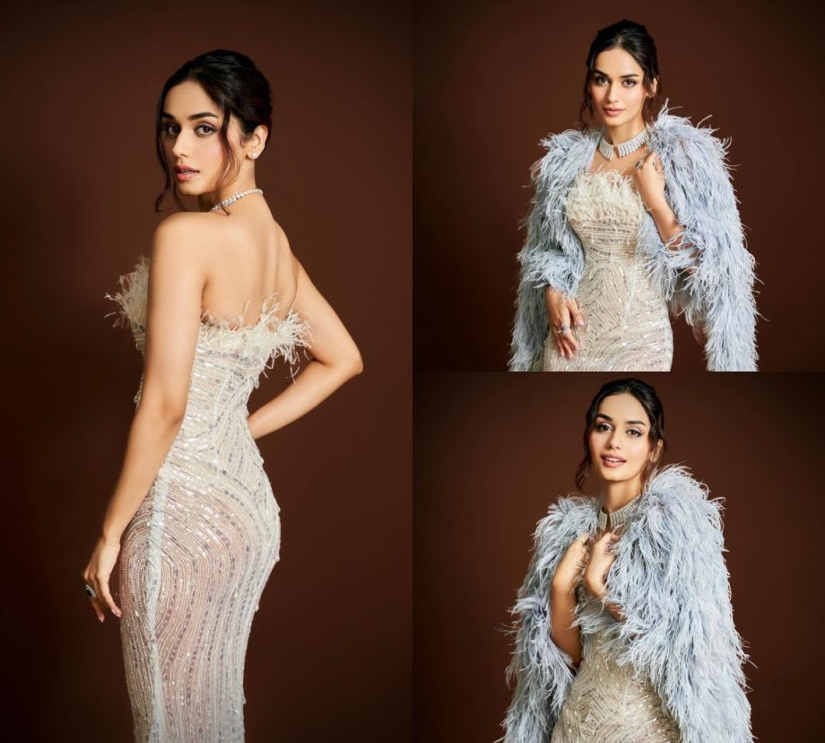 Manushi Chhillar Flaunts Her Uber Cool Style in a White Strapless Gown with Blue Fringed Jacket 893697