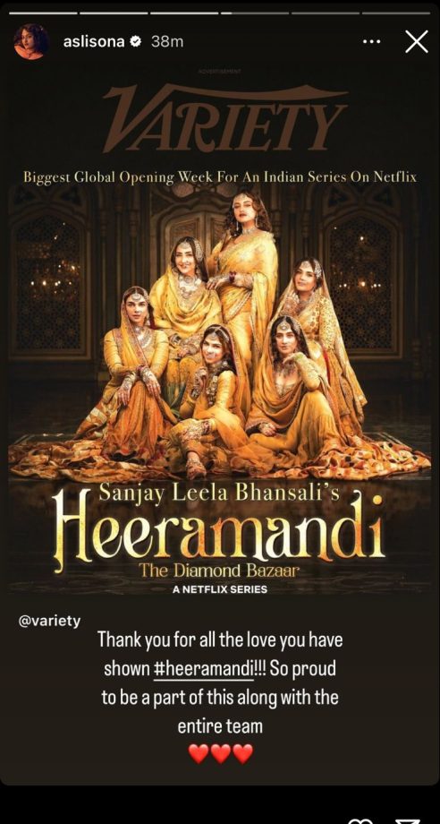 Overwhelming love pouring in for Sanjay Leela Bhansali 's Heeramandi globally; Aditi Rao Hydari and Sonakshi Sinha takes to social media to celebrate the occasion 897087