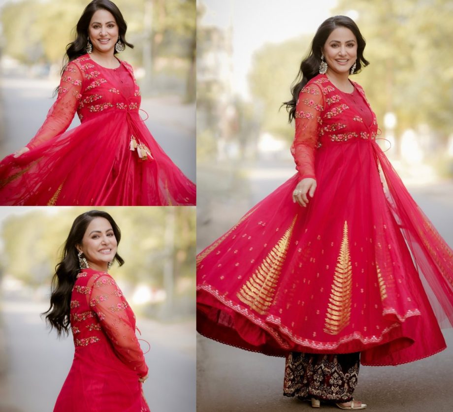 [Photos] Hina Khan Looks Ravishing In Red Anarkali Set With Contrast Palazzo 897433