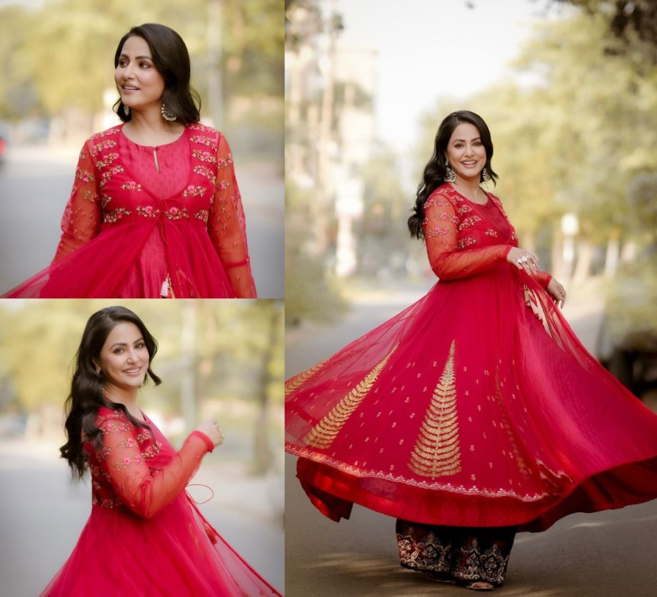 [Photos] Hina Khan Looks Ravishing In Red Anarkali Set With Contrast Palazzo 897432